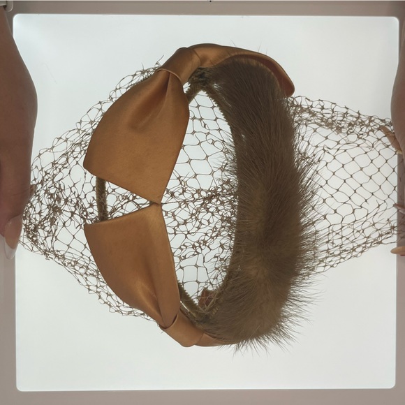 Vintage Auburn Mink Fur Trimmed Netted Fascinator / Headband / Hat - Picture 2 of 6